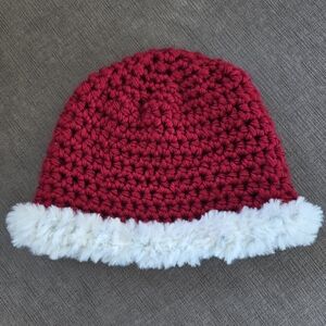 Mrs. Claus Red Crochet Beanie with White Faux Fur Trim Christmas Hat